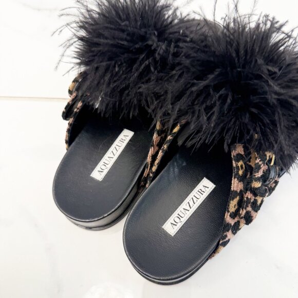 Aquazzura Boudoir Feather-Trimmed Black Animal Print Thong Sandals 7.5 - Picture 5 of 11